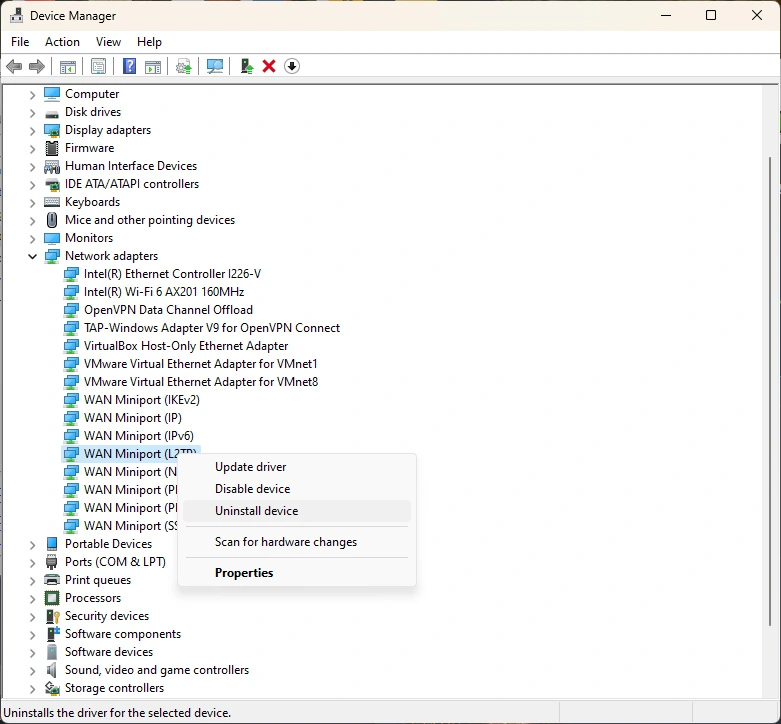 Uninstall WAN Miniport